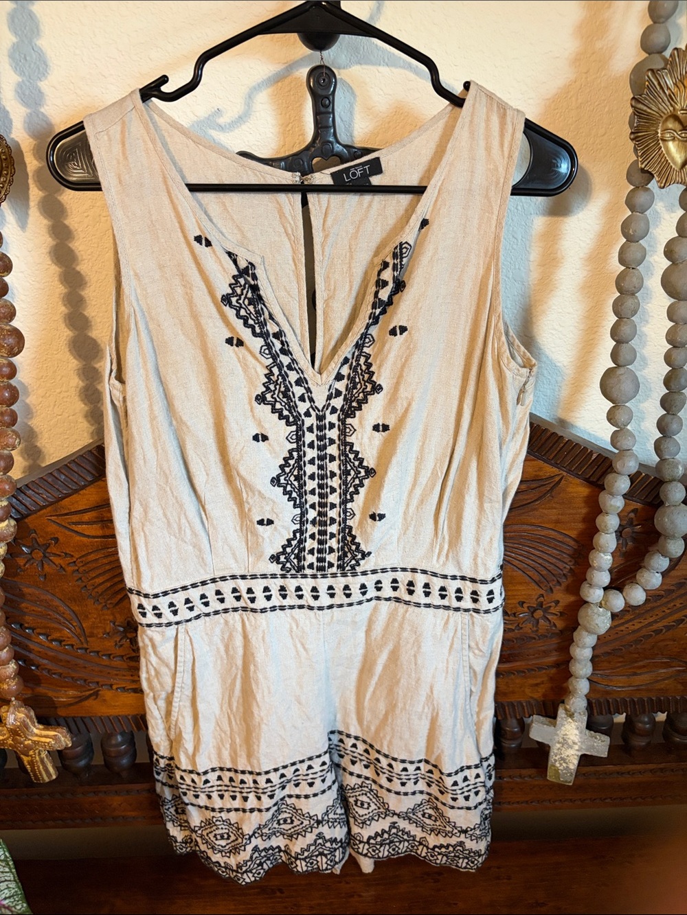 LOFT Cream One-Piece Romper with Black Embroidery